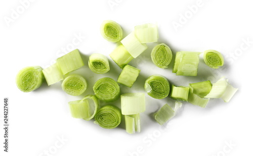 Fresh sliced leeks isolated on white background, top view