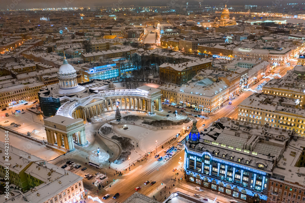 Kazan Cathedral and Nevsky Avenue  in Saint Petersburg Aerial View