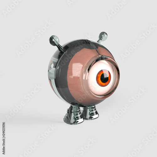 A little, spherical, ,one eyed alien made with glass. 3d render