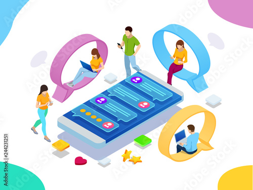 Isometric concept of social media network, digital communication, chatting. Online chat man and woman app icons. Chat messages notification on smartphone.