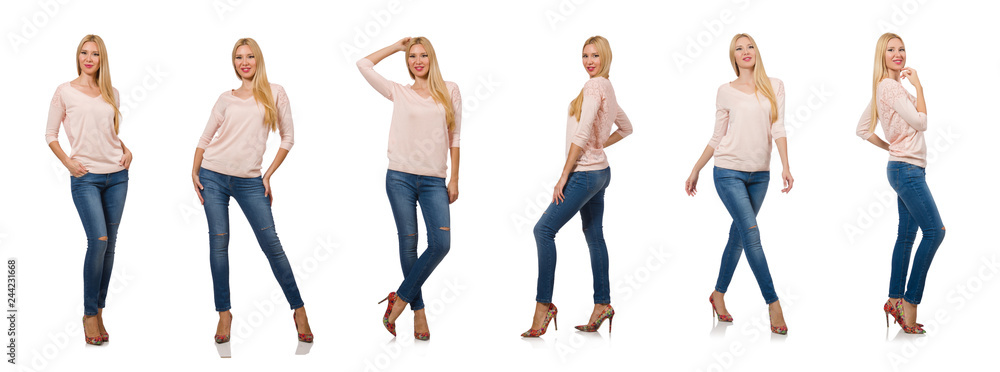 Fototapeta premium Pretty woman in blue jeans isolated on white