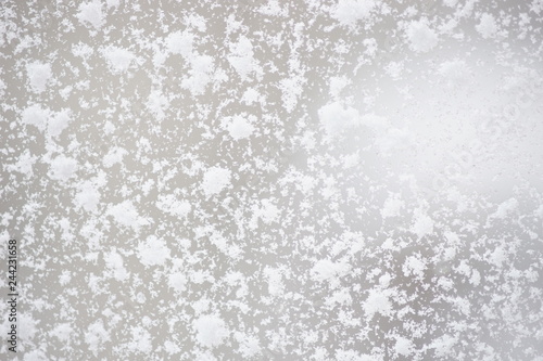 Snow covered window, macro, close up.