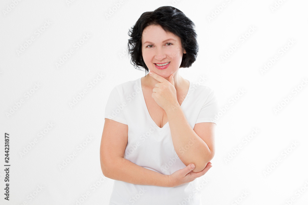 Middle age woman with perfect white teeth smile isolated on white background. Dental medicine and wrinkle skin care concept. Copy space Middle age woman with perfect white teeth smile isolated on white background. Dental medicine and wrinkle skin care concept. Copy space
