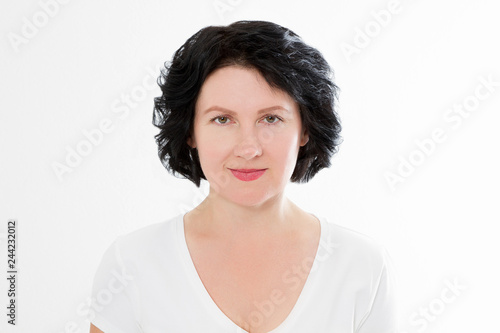 Middle age woman portrait. Wrinkle face and skin care concept. Menopause and anti aging treatment. Isolated on white background. Copy space. Makeup