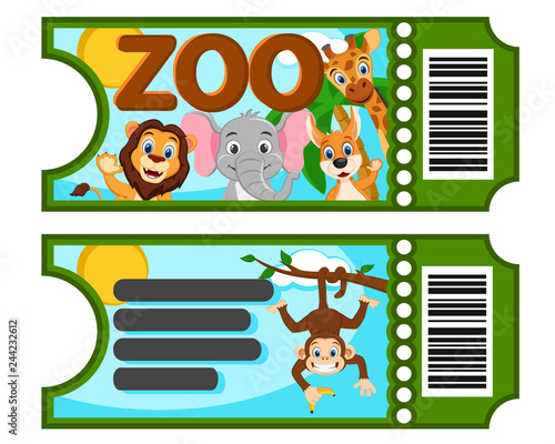 A ticket to the zoo with wild animals on a white.