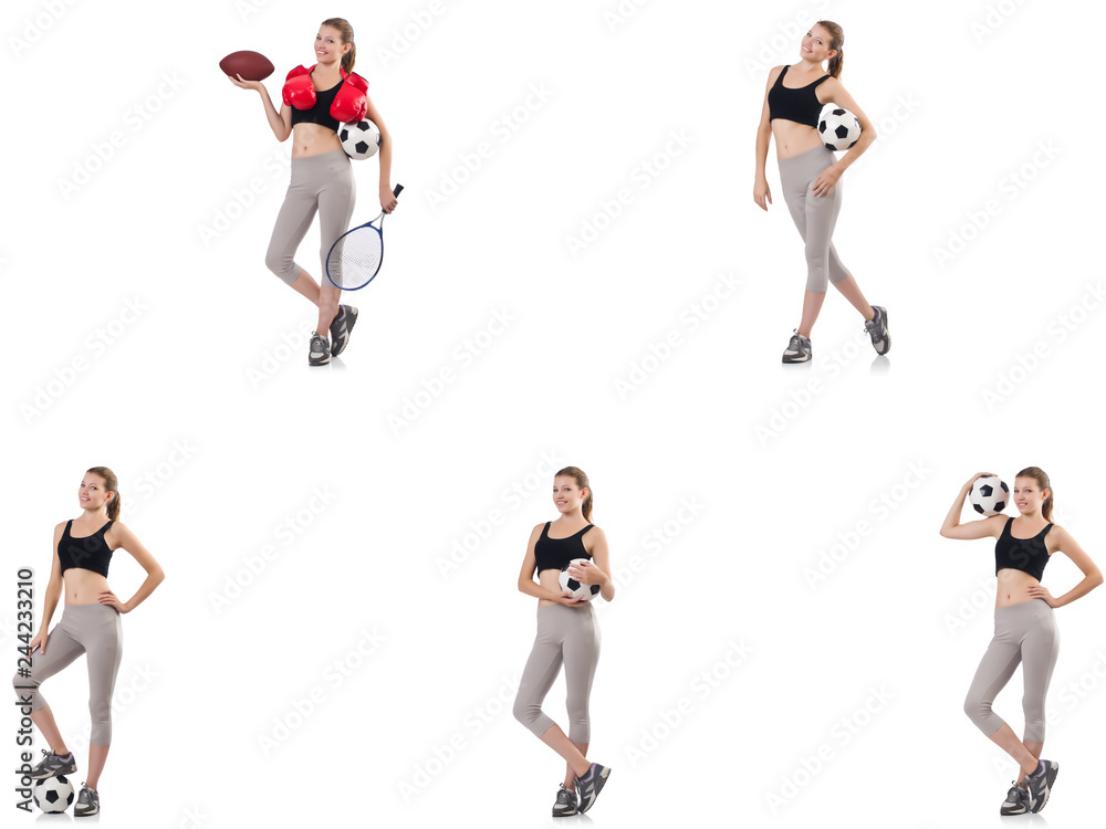 Young woman with football, rugby ball, boxing gloves and tennis 