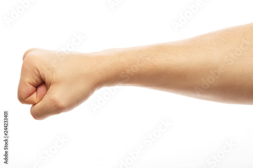 Male clenched fist, isolated on a white background Man hand with a fist. Alpha