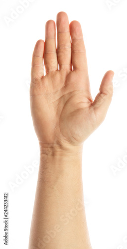 Five fingers. Male hand open. Hand showing five fingers and the palm isolated on white. alpha.