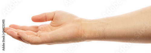 Empty man's hand, palm up on an isolated white background. Man hand isolated on white background, hold, grab or catch. Palm up. Alpha