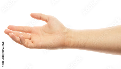 Empty man's hand, palm up on an isolated white background. Man hand isolated on white background, hold, grab or catch. Palm up. Alpha © Fridhelm