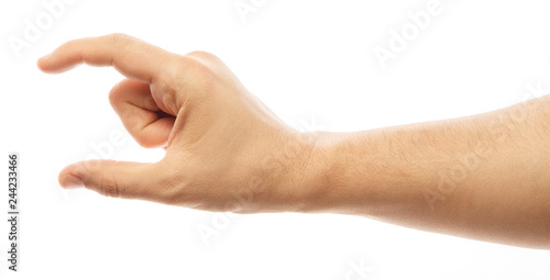 Man hand's measuring invisible item. A person's hand holds an invisible object. Isolated on white. Alpha.