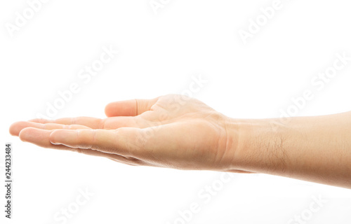 A person's hand holds an invisible object. Empty man's hand, palm up on an isolated white background. Man hand isolated on white background, hold, grab or catch. Palm up. Alpha