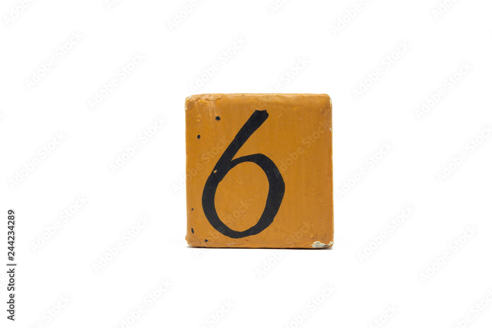 Number six on cube of wooden material isolated on white background Number six on cube of wooden material isolated on white background
