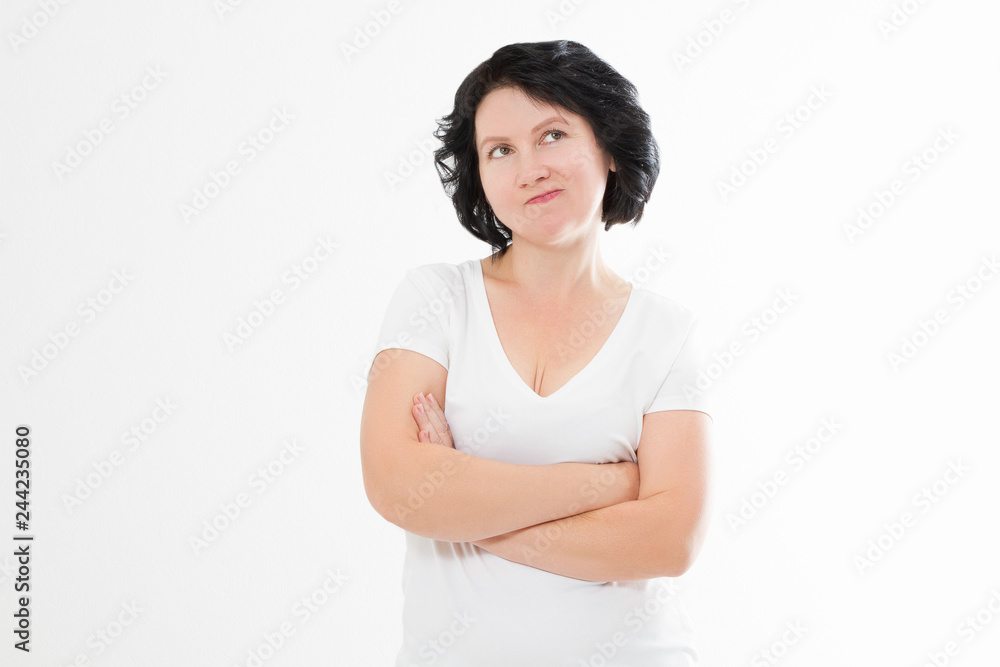 Aging middle age upset woman with wrinkles on face isolated. Stress and menopause. Copy space. Aging middle age upset woman with wrinkles on face isolated. Stress and menopause. Copy space.