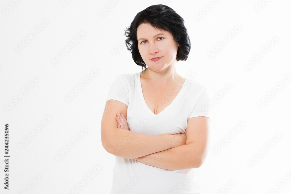 Aging middle age upset woman with wrinkles on face isolated. Stress and menopause. Copy space. Aging middle age upset woman with wrinkles on face isolated. Stress and menopause. Copy space.