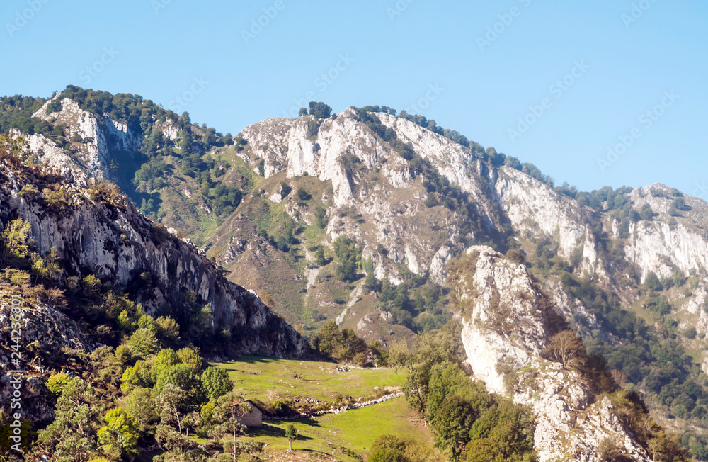 Mountains in the peaks of Europe in the north of Spain in the province of Asturias on a sunny day.