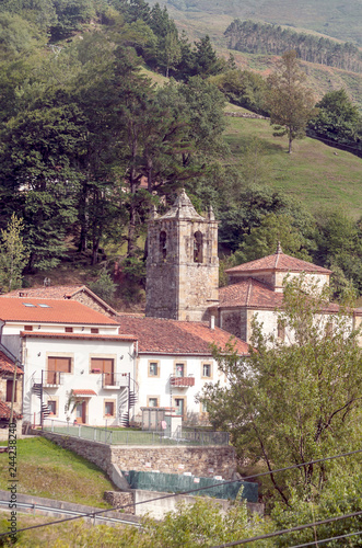 Rural village in the mountains of Asturias in the north of Spain on a sunny day.