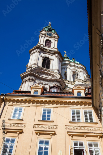 Facade of the antique and beautiful Saint Nicholas church at Prague old town