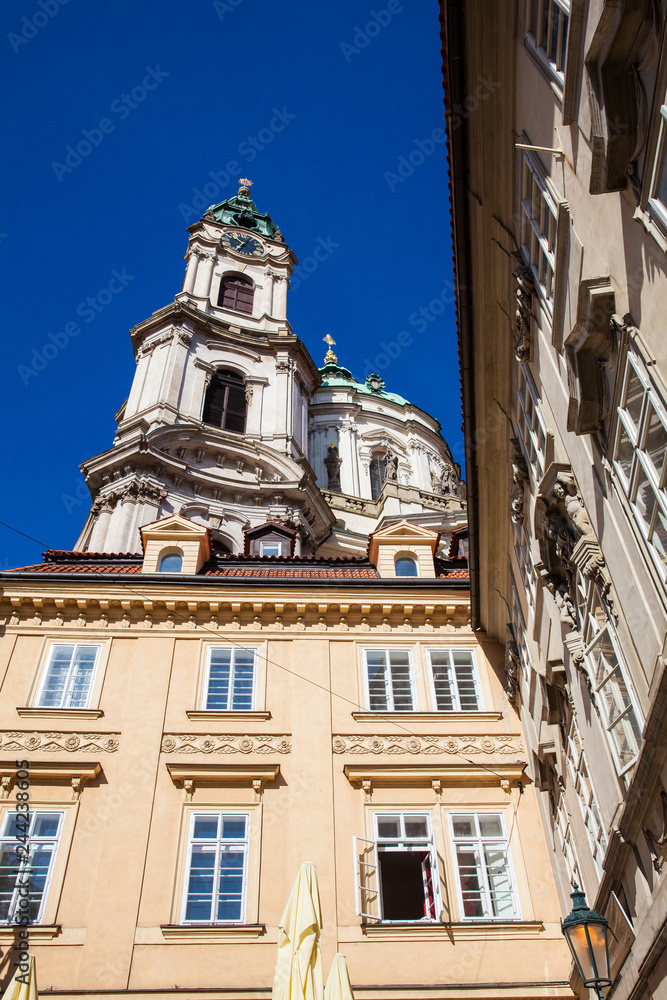 Facade of the antique and beautiful Saint Nicholas church at Prague old town