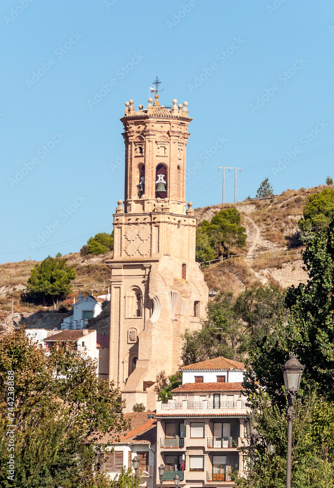 Belfry of a Mudejar church located in La Rioja in Spain on a sunny day.