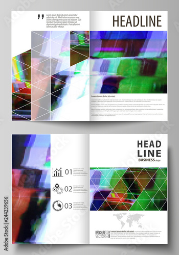 Business templates for bi fold brochure  flyer. Cover design template  abstract vector layout in A4 size. Glitched background  colorful pixel mosaic. Digital decay  signal error  television fail.