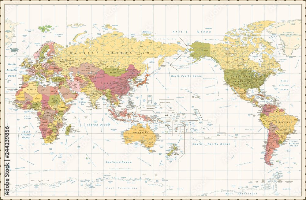 World Map Retro Color Pacific Centred