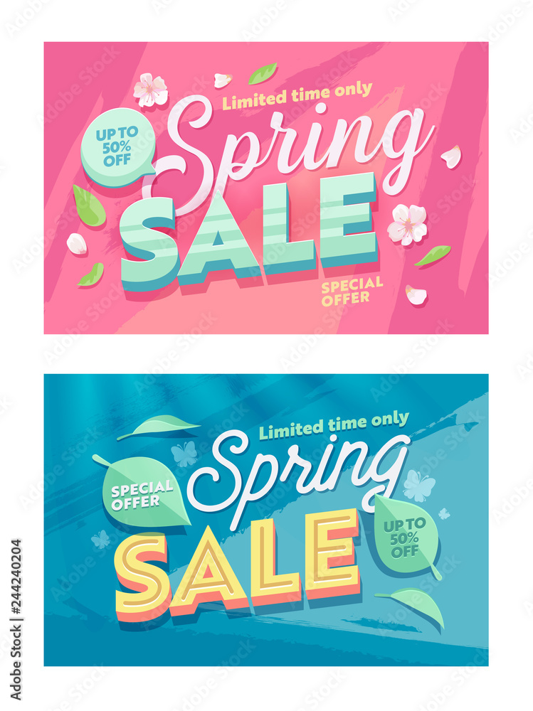 Spring Season Sale Natural Horizontal Banner Template Set. Discount Offer Off Price Typography Poster. Super Deal Promotion Flyer Design with Petal and Leaf for Holiday Flat Vector Illustration