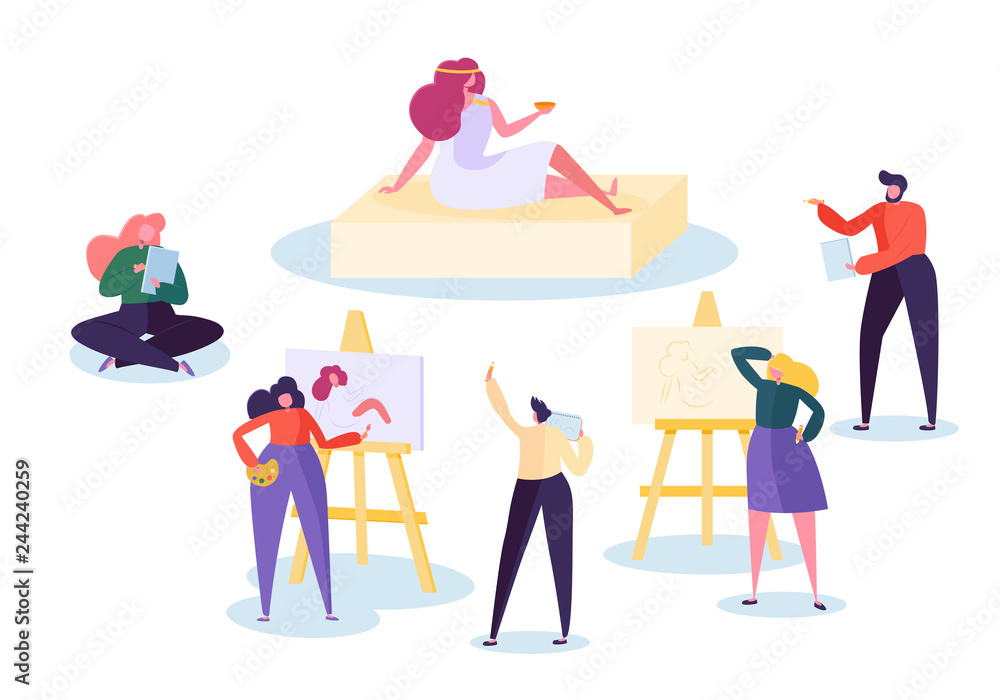Artist Drawing Woman Model Painting at Art Workshop. Man Character Learning  Make Portrait Figure Artwork on Easel Canvas. Art School Creative Class for  Amateur People Flat Cartoon Vector Illustration Stock Vector |