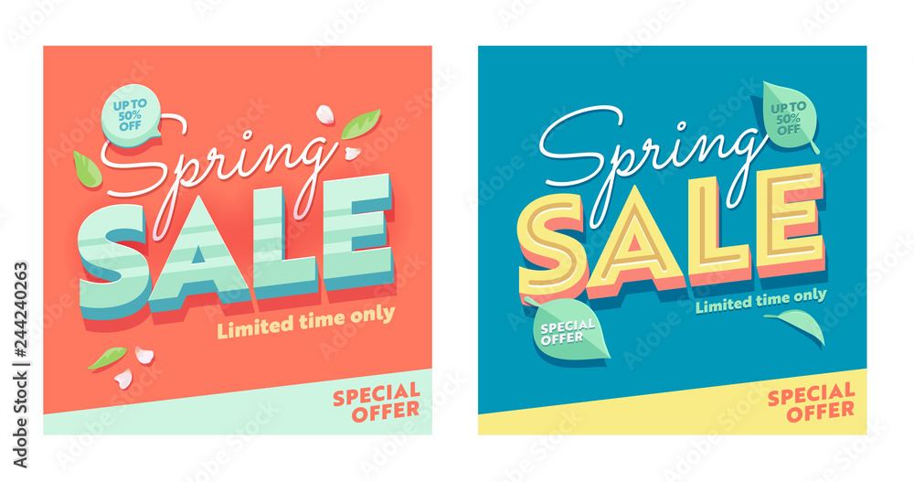 Spring Sale Abstract Square Banner Set. Discount Season Offer Super Price Poster. Business Hot Deal Bright Natural Coupon Design with Petal and Leaf for Holiday Flat Vector Illustration - obrazy, fototapety, plakaty 