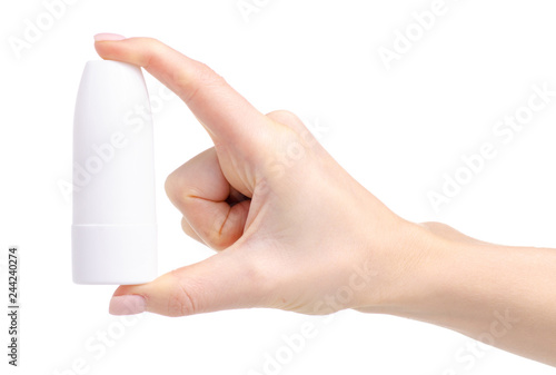 Nose spray in hand health medicine on white background isolation