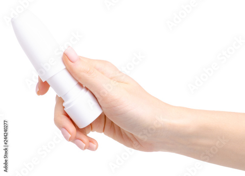 Nose spray in hand health medicine on white background isolation