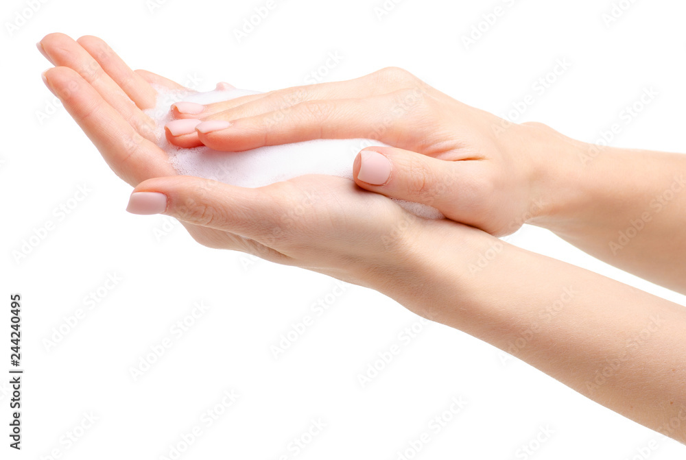 Soap hands in the foam beauty health on a white background isolation