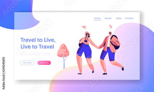 Couple Character Love Travel Landing Page Template. Happy Hipster People Summer Vacation with Backpack and Camera Concept for Website or Web Page. Flat Cartoon Vector Illustration