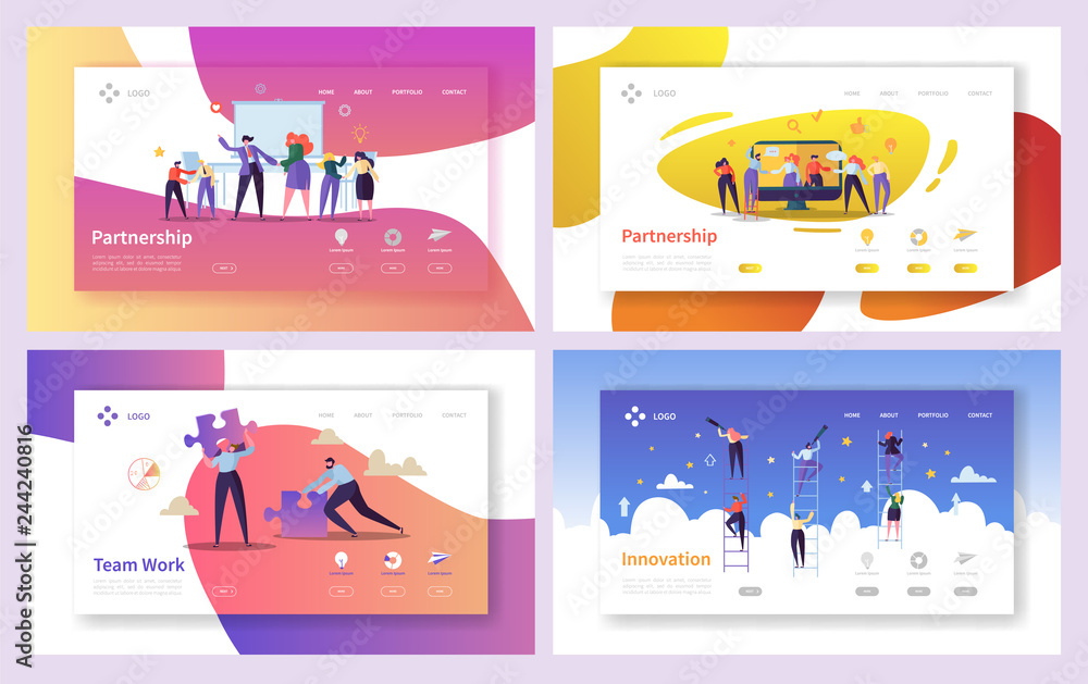 Business People Teamwork Innovation Landing Page Set. Creative Character Team Partnership to Increase Company Success Growth. Businessman Partner Concept for Web Page. Flat Cartoon Vector Illustration