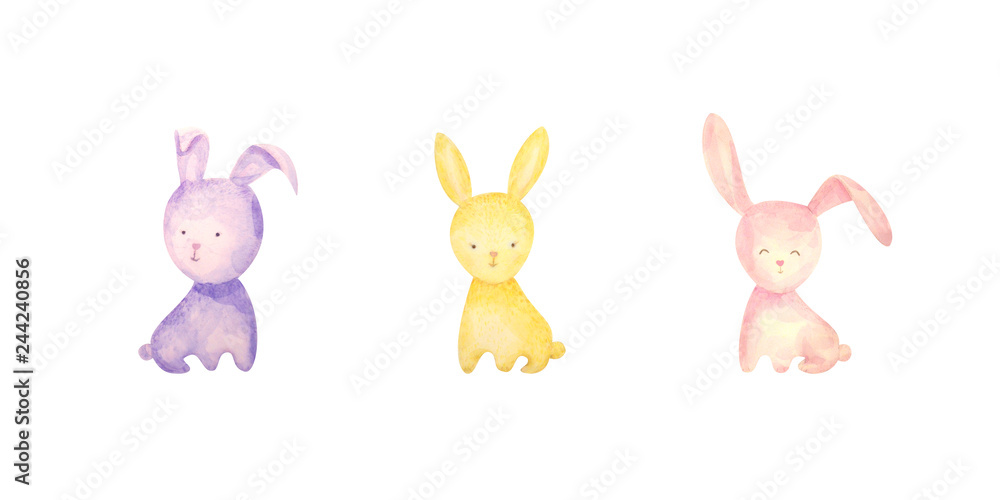 Watercolor drawn set bunny of happy easter. isolated on a white background. Ideal for invitation, greeting cards Watercolor drawn set bunny of happy easter. isolated on a white background. Ideal for invitation, greeting cards