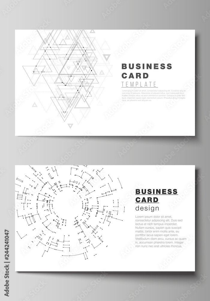The minimalistic abstract vector illustration of the editable layout of two creative business cards design templates. Technology, science, future concept abstract futuristic backgrounds.