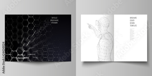 The vector layout of two A4 format cover mockups design templates for bifold brochure, magazine, flyer, booklet, annual report. Technology, science, future concept abstract futuristic backgrounds.