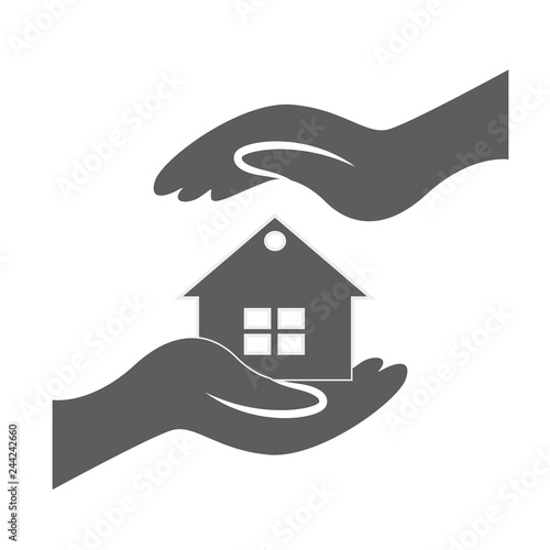Concept illustration of protection of house home. This can represent concept of home insurance or installing security system for safety etc. The graphic contains two female hands and a house symbol.