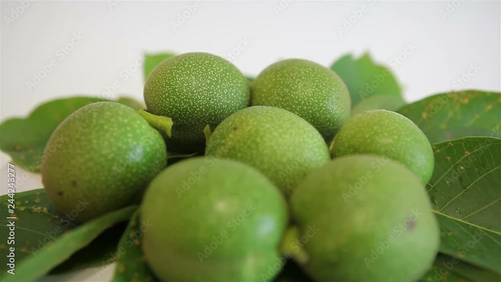 Walnuts.Green walnuts on a white background turn from right to left. Walnuts.Green walnuts on a white background turn from right to left.
