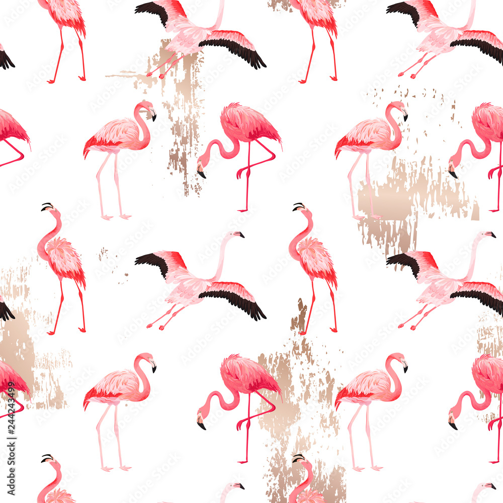 Fototapeta premium Tropical Flamingo seamless vector summer pattern with golden stains. Bird background for wallpapers, web page, texture, textile