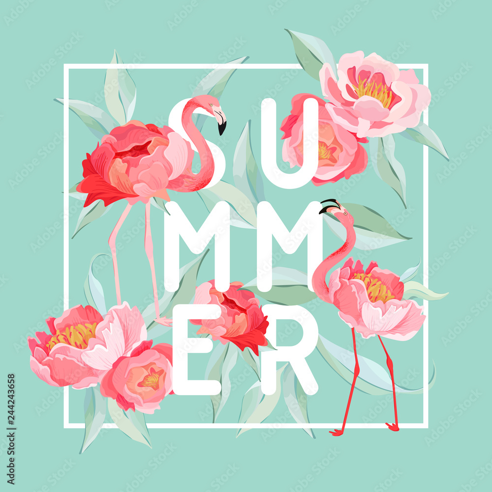 Obraz premium Tropical Flamingo wektor lato ulotka, baner z tłem kwiatów piwonii. Grafika kwiatowa i ptasia na tapetę, stronę internetową, tło