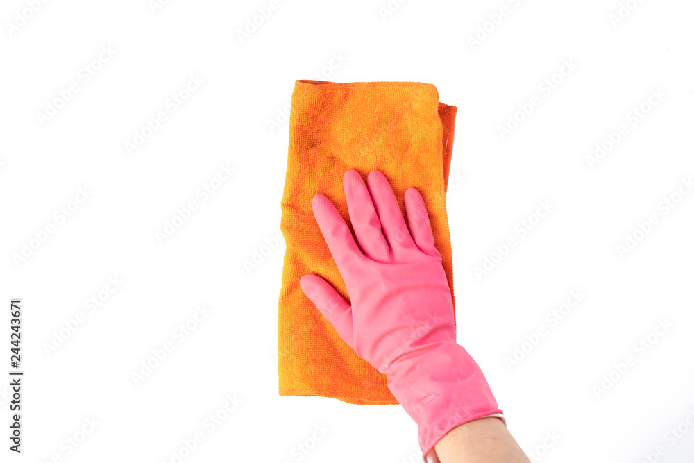 close up persons hand in protective glove hold clean supply on white surface isolated. housekeeping concept b close up persons hand in protective glove hold clean supply on white surface isolated. housekeeping concept b