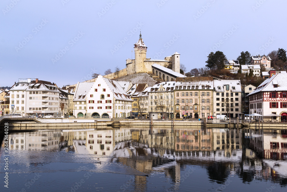 The old Swiss town with its medieval fort Munot in winter atmosphere.