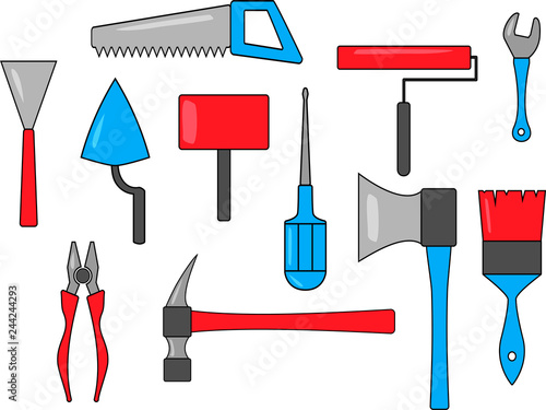Set of multicolored tool icons. Saw, screwdriver, trowel, hammer, adjustable wrench, paintbrush, sledgehammer, ax, pliers, roller, trowel