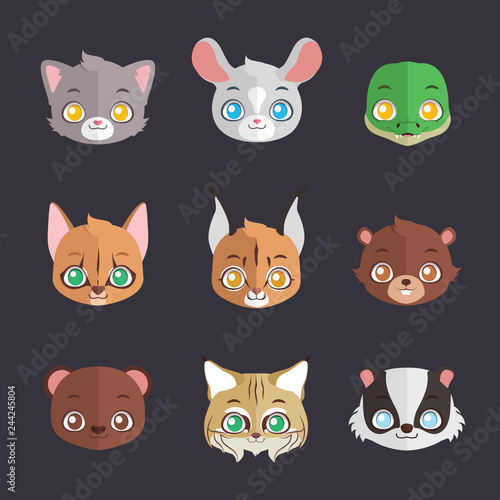 Collection of flat colored animal faces