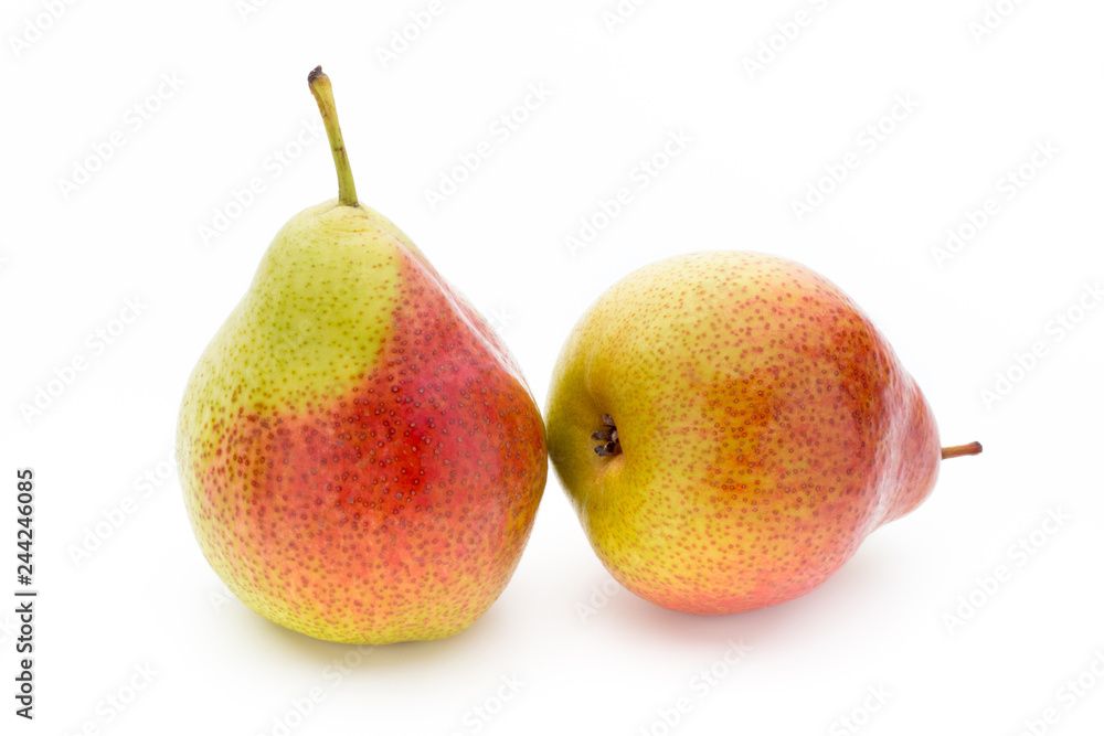 Fresh bio pear with leaves on isolated white background. Fresh bio pear with leaves on isolated white background.