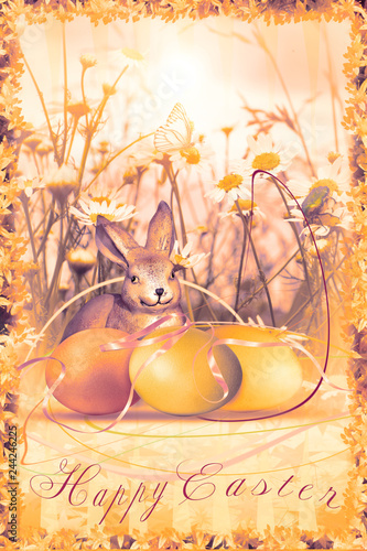 Hare, ribbon and Easter eggs on a vintage, floral background photo