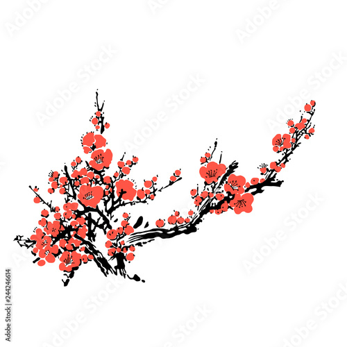 Realistic Sakura Blossom - Japanese Cherry Tree. Bloom Plum Branch. Vector