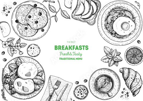 Breakfasts top view frame. Morning food menu design. Breakfast and brunches dishes collection. Vintage hand drawn sketch, vector illustration. Engraved style.