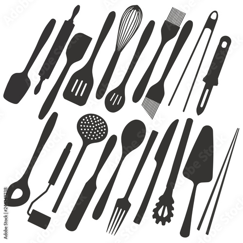Big collection of simple icons of different kitchen utensils like cutlery, spatula, cake server or chopsticks for cooking, eating and baking